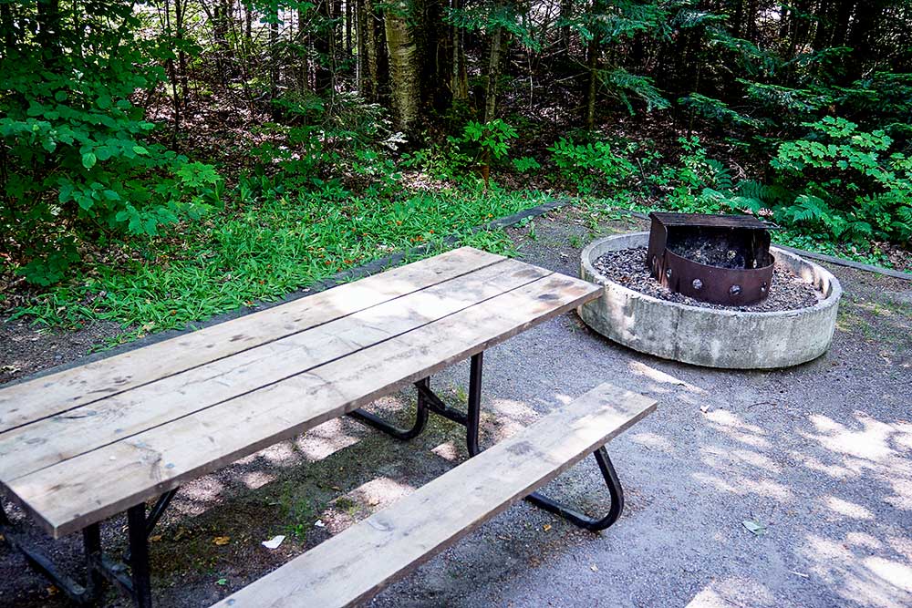 Pancake-Bay_Barrier-Free-Campsite_picnic-table-and-campfire-ring