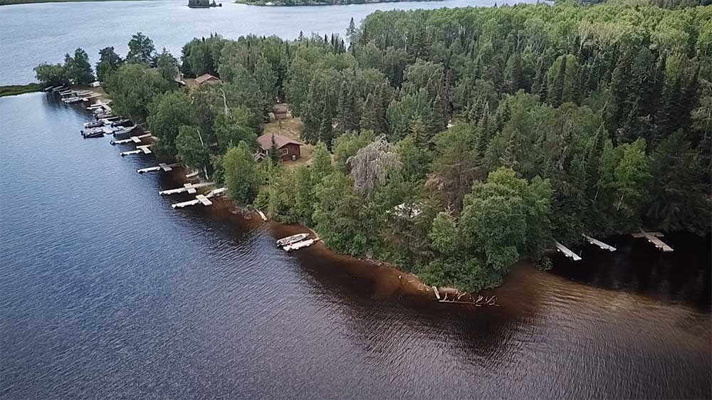 aerial view lodge with docks and boats