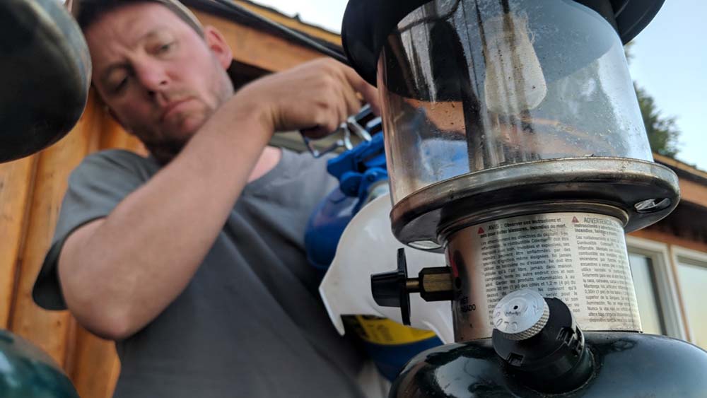 propane lamp at remote outpost camp