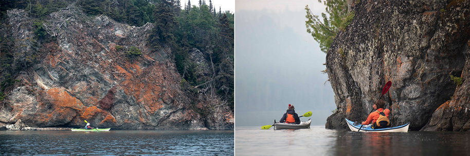 Kayaking by unique rock formations on the Slate Islands