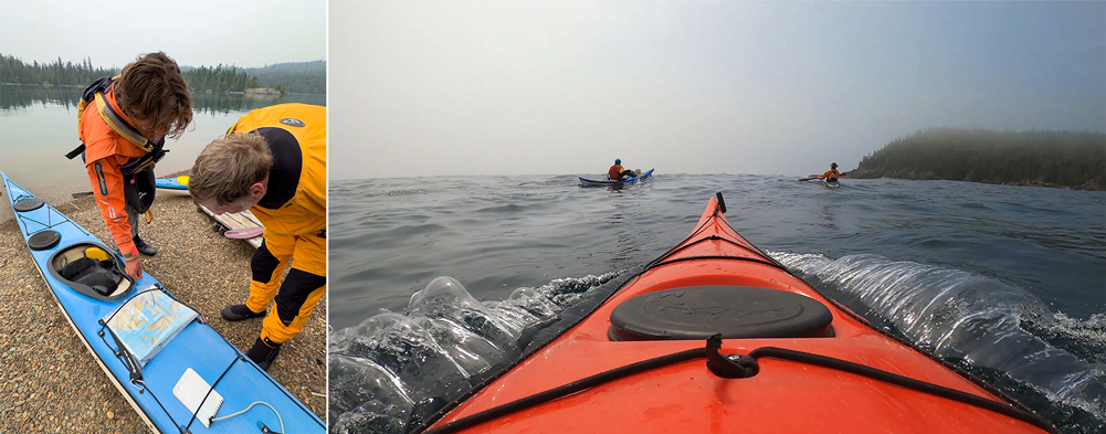 Guide Wesley mapping out our paddling route | Kayaking through swells to Sunday Point